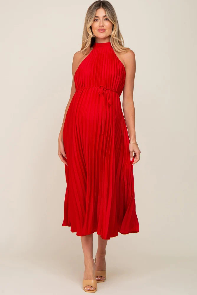 Red Pleated Maternity Halter Dress | PinkBlush Maternity