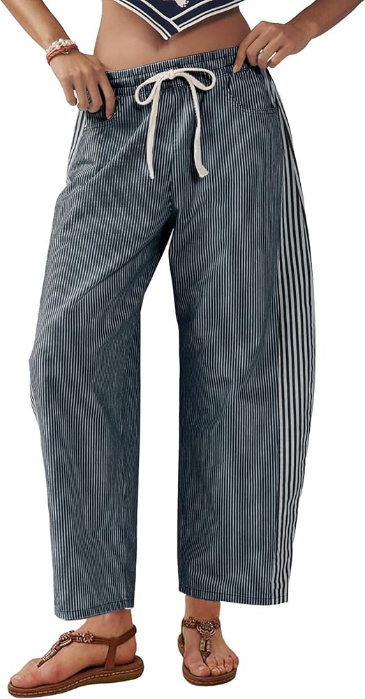 SCUSTY Women's Baggy Wide Leg Jeans Mid Rise Barrel Denim Ankle Pants Casual Striped Pull On Draw... | Amazon (US)