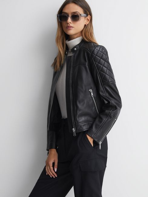 Reiss Black Adelaide Leather Collarless Quilted Jacket | Reiss US