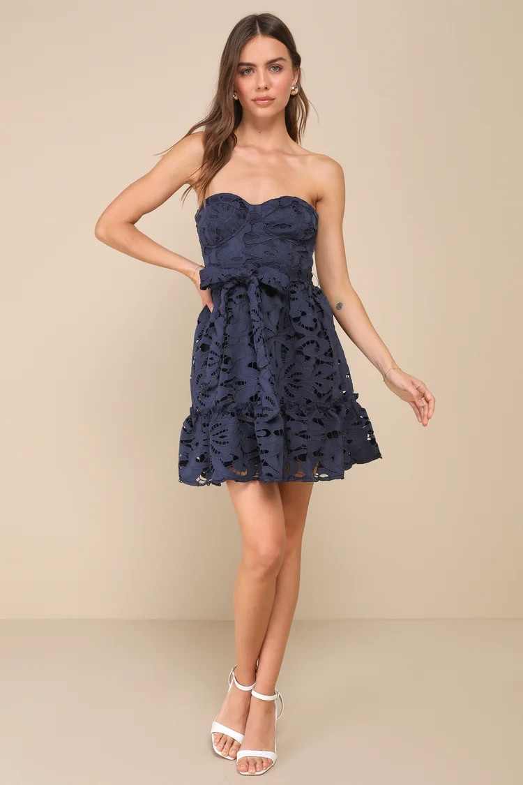 Majorly Cute Navy Blue Crochet Lace Strapless Bustier Mini Dress | Lulus