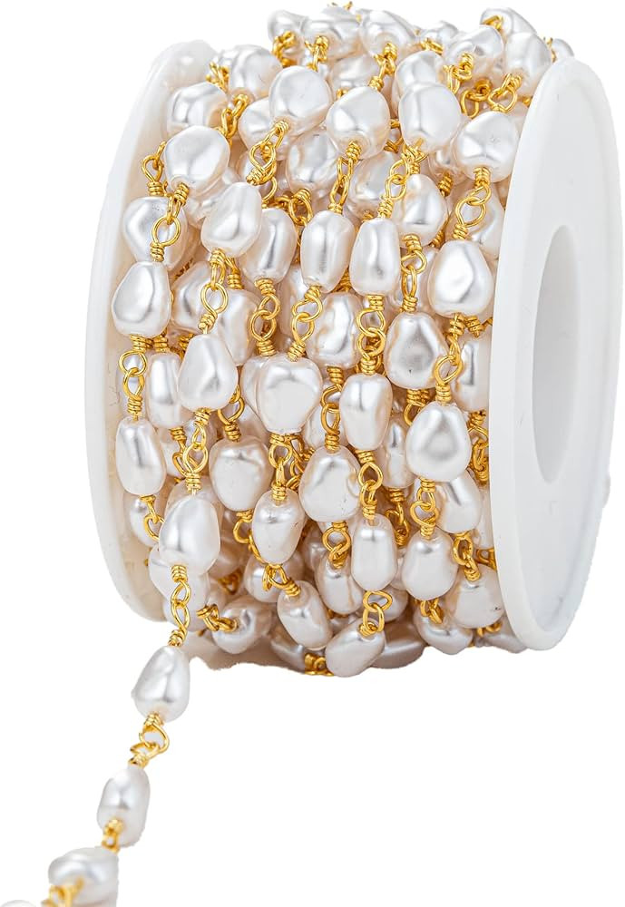 YoungJewl 2 Yards 6mm Faux Pearl Beads Garland with Brass Chain for Jewelry Making DIY Bracelet Necklace Sewing Crafts | Amazon (US)
