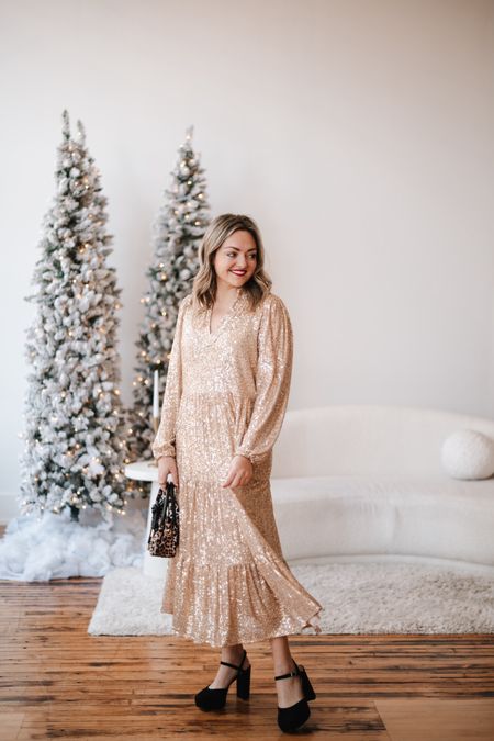 This gold sequin dress is FIFTY percent off, today only! Use code FESTIVE50. Fits TTS - this is a medium.

#LTKsalealert #LTKHoliday #LTKSeasonal