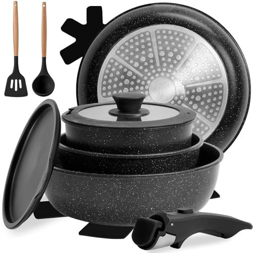 Numola 10 pcs Pots and Pan Set Non Stick with Detachable Handle, Ceramic Cookware Set for Stackable, Induction Kitchen Cookware Set for RV, Dishwasher ＆ Oven Safe, Black | Amazon (US)