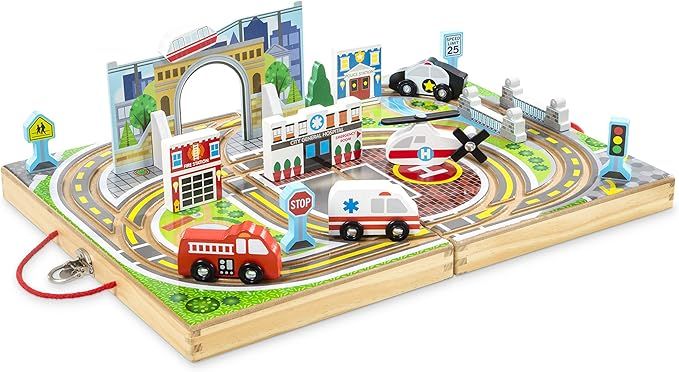 Melissa & Doug 18-Piece Wooden Take-Along Tabletop Town, 4 Rescue Vehicles, Play Pieces, Bridge ,... | Amazon (US)