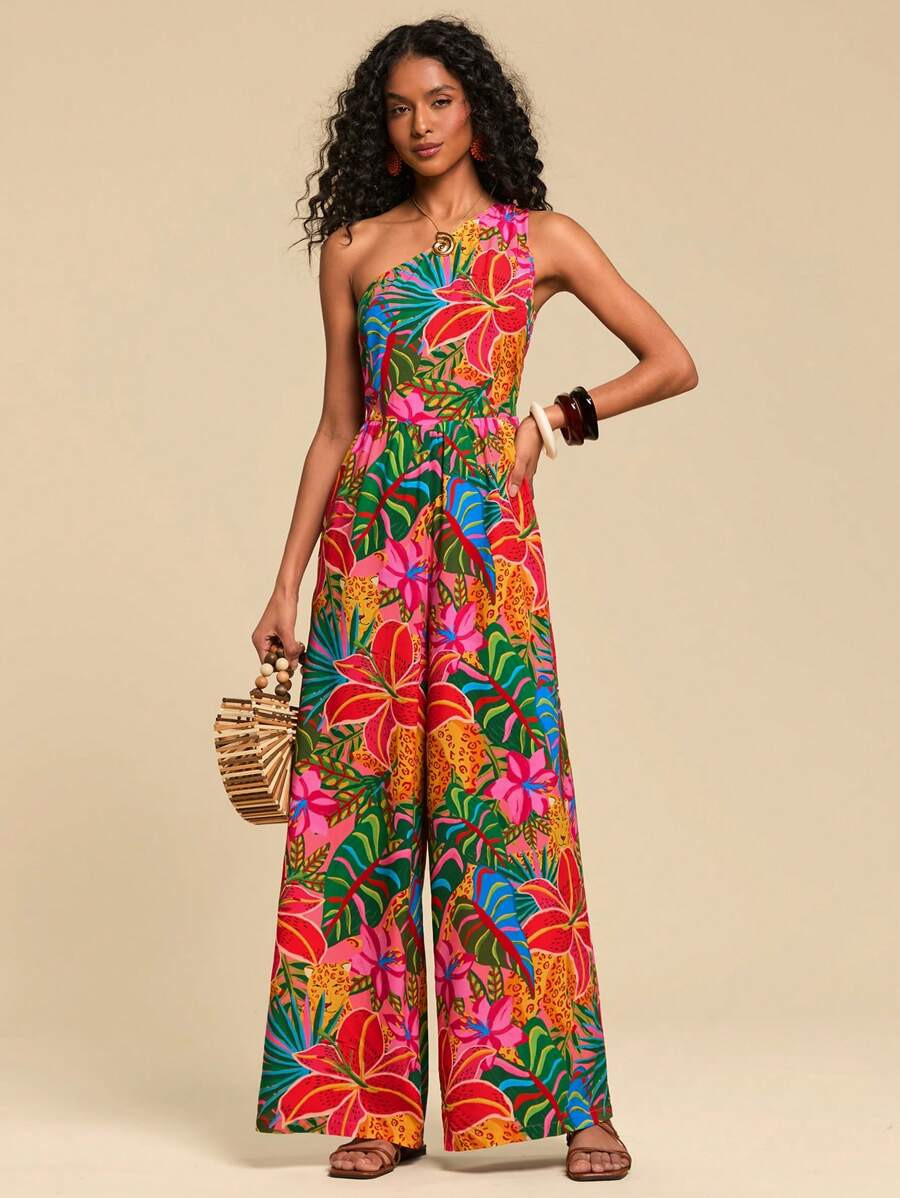 Travachic Women Tropical Print Woven Loose Wide Leg Jumpsuit,Spring&Summer Outfits For Women,Beac... | SHEIN