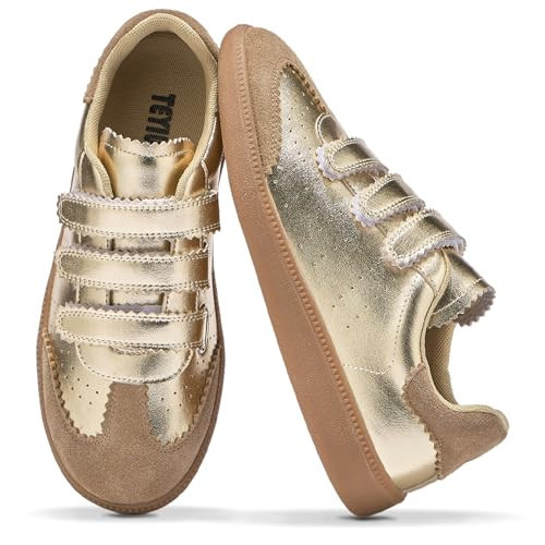 Teyiwow Sneakers for Women Lightweight Tennis Shoes Fashion Vegan Leather Hook & Loop Sneakers Non-Slip Walking Shoes(7.5,Gold) | Amazon (US)