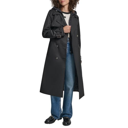DKNY Women's Trench Coat with Bib– Long Double-Breasted Belted Jacket with Hood, Black, XL | Amazon (US)