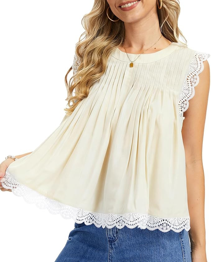Womens 2026 Summer Peplum Top Sleeveless Ruffled Lace Trim Round Neck Y2K Babydoll Going Out Tops | Amazon (US)