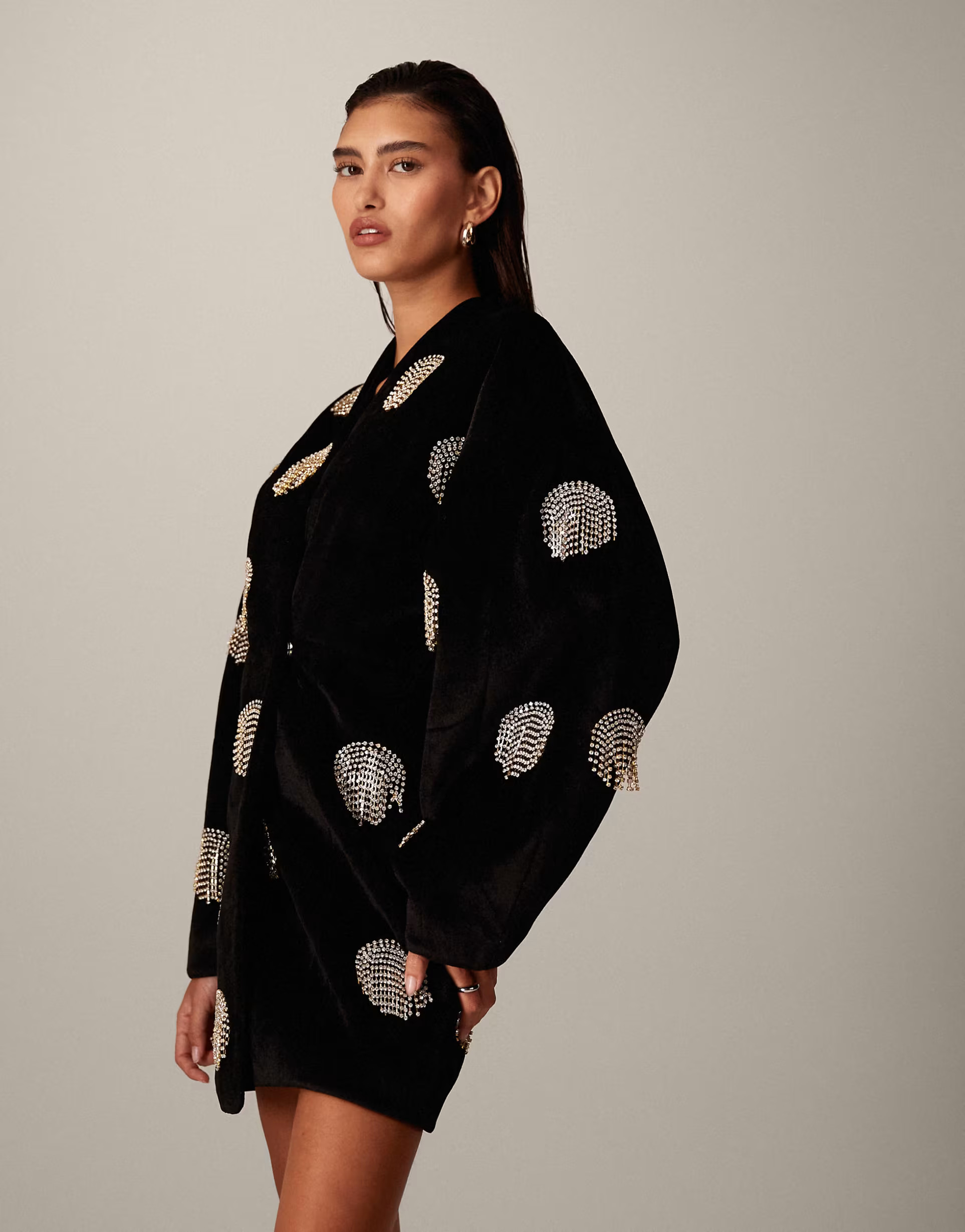 ARRANGE velvet wrap mini dress with spot embellishment in black | ASOS (Global)
