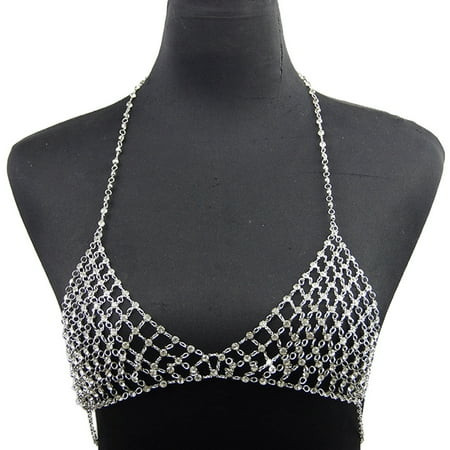 Sexy Beach Nightclub Rave Bikini Chest Chains Crystal Bra Chain Silver Sparkly Crop Top Body Jewelry | Walmart (US)