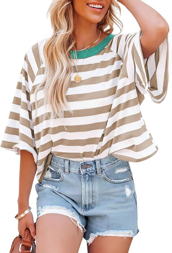 Dokotoo Tops for Women Striped 2026 Fashion T Shirts for Women Color Block Crewneck Design Loose ... | Amazon (US)