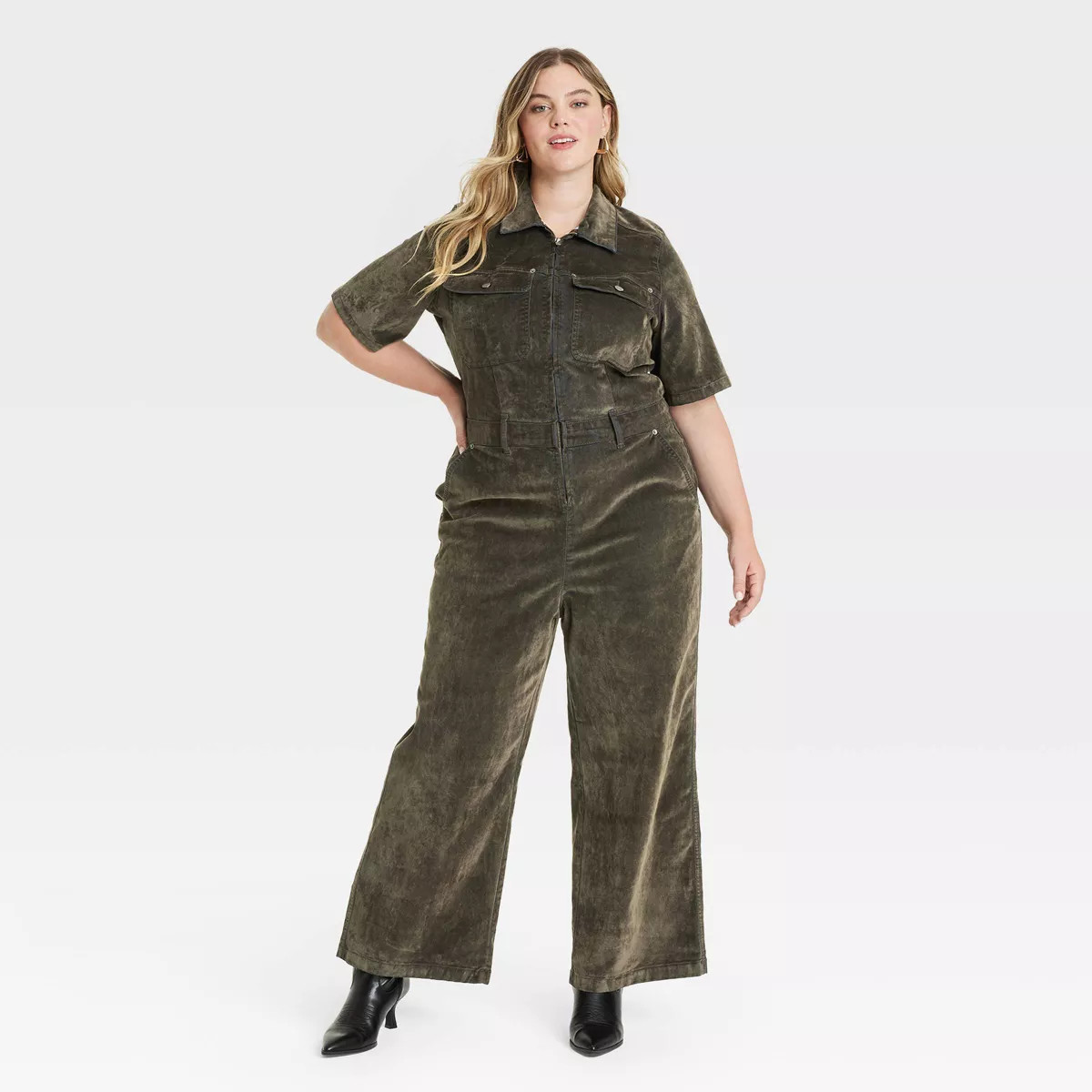 Women's Short Sleeve Flocked Denim Jumpsuit - Universal Thread™ Olive 24 | Target