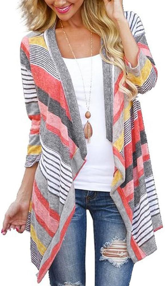 Women's Summer Kimonos Geometric Print Drape Boho Open Front Cable Knit Sweater Cardigans | Amazon (US)