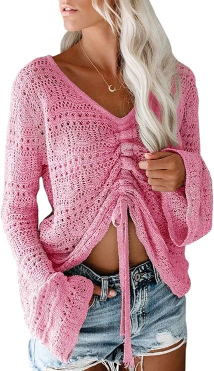 Saodimallsu Womens Boho Off Shoulder Sheer Crop Tops Bell Sleeve Flowy Oversized Crochet Ruched P... | Amazon (US)