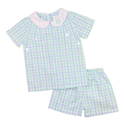 Blue And Mint Check Button Short Set | Cecil and Lou