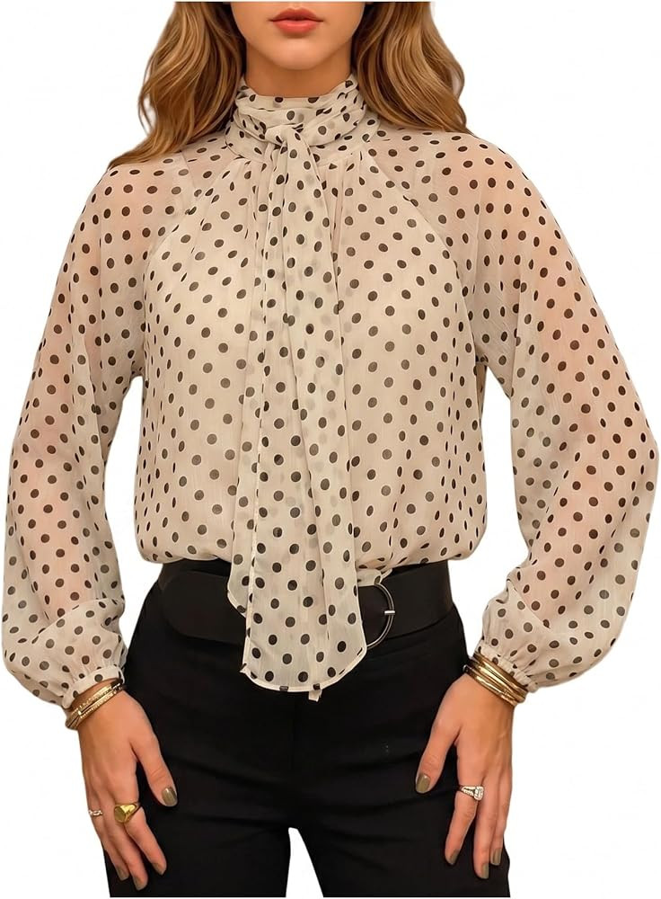 GORGLITTER Women's Polka Dots Tops Bow High Neck Lantern Long Sleeve Shirt Blouse Business Casual... | Amazon (US)