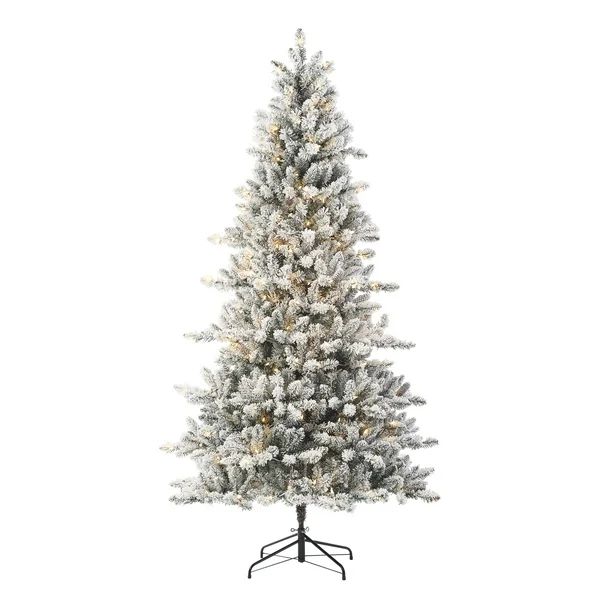 Holiday Time 7.5ft Pre-Lit Flocked Birmingham Fir Artificial Christmas Tree, Warm White LED, Gree... | Walmart (US)