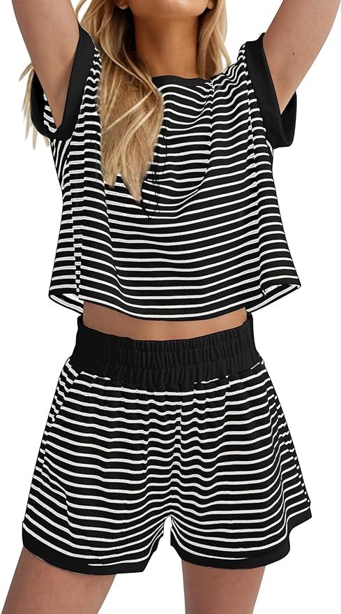 MISSACTIVER 2 Piece Lounge Set Women Stripe Knit Short Sleeve Tee Shirts Shorts Casual Summer Lou... | Amazon (US)