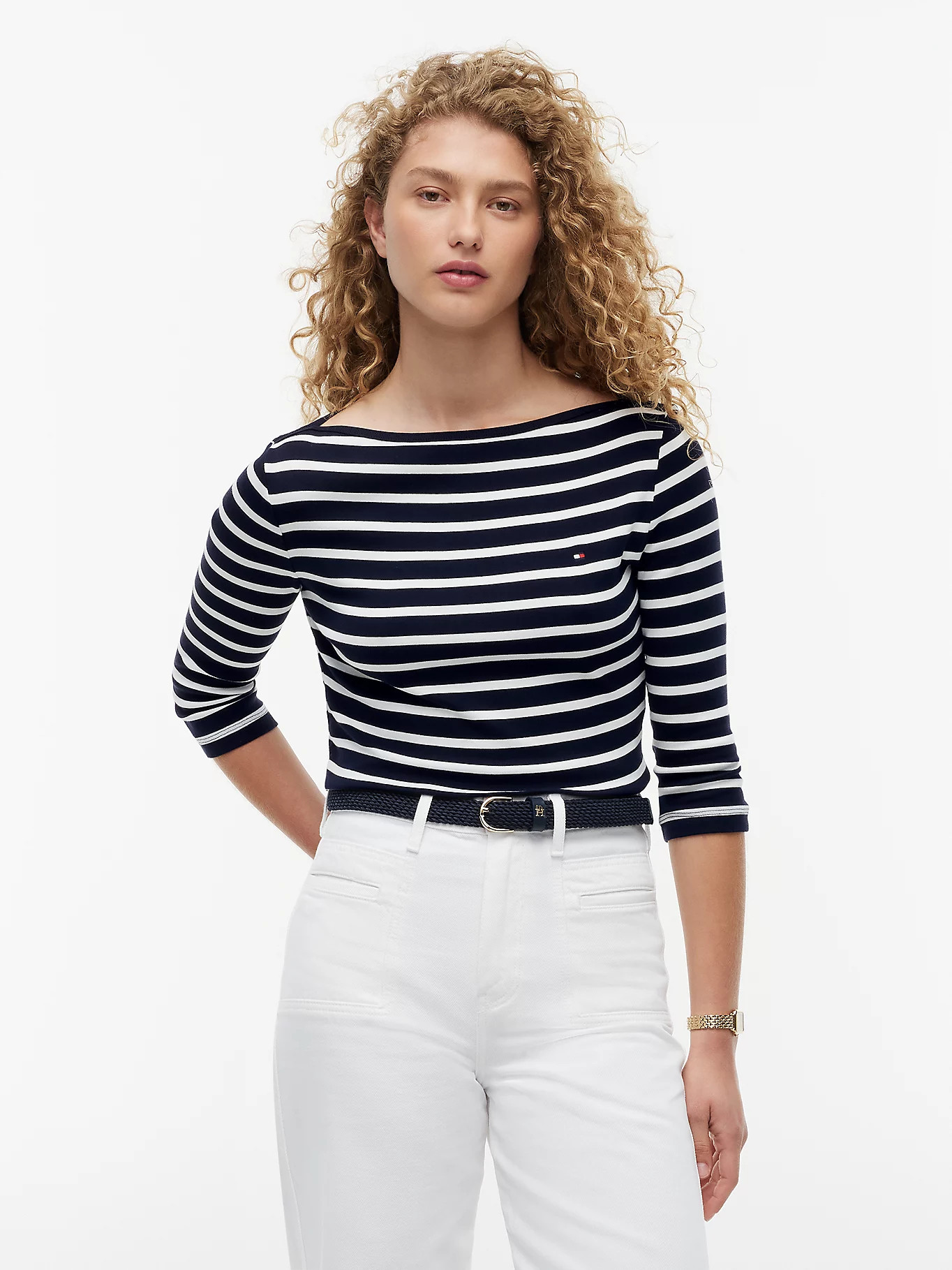 Slim Three-Quarter Sleeve Boat Neck T-Shirt | Blue | Tommy Hilfiger | Tommy Hilfiger UK