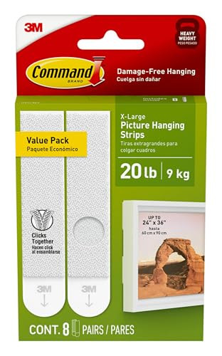 Command 20 Lb XL Heavyweight Picture Hanging Strips, Damage Free Hanging Picture Hangers, Heavy Duty Wall Hanging Strips for Living Spaces, 8 White Adhesive Strip Pairs | Amazon (US)