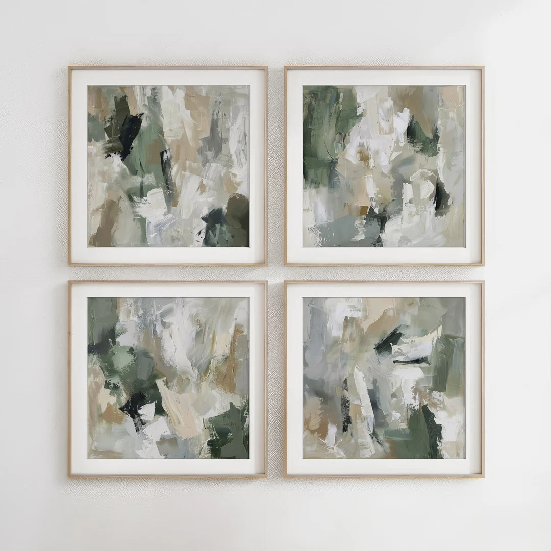 Abstract Green Painting Set of 4 Square Prints, Abstract Acrylic Print, Printable Art, Modern Min... | Etsy (US)