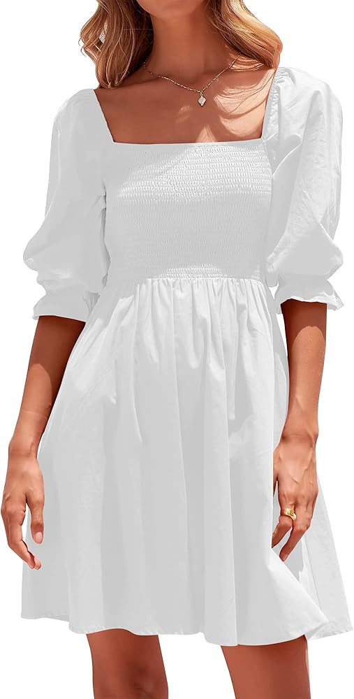 ANRABESS Womens 3/4 Puff Sleeve Square Neck Smocked Babydoll Dress Cute A Line Flowy Short Mini D... | Amazon (US)