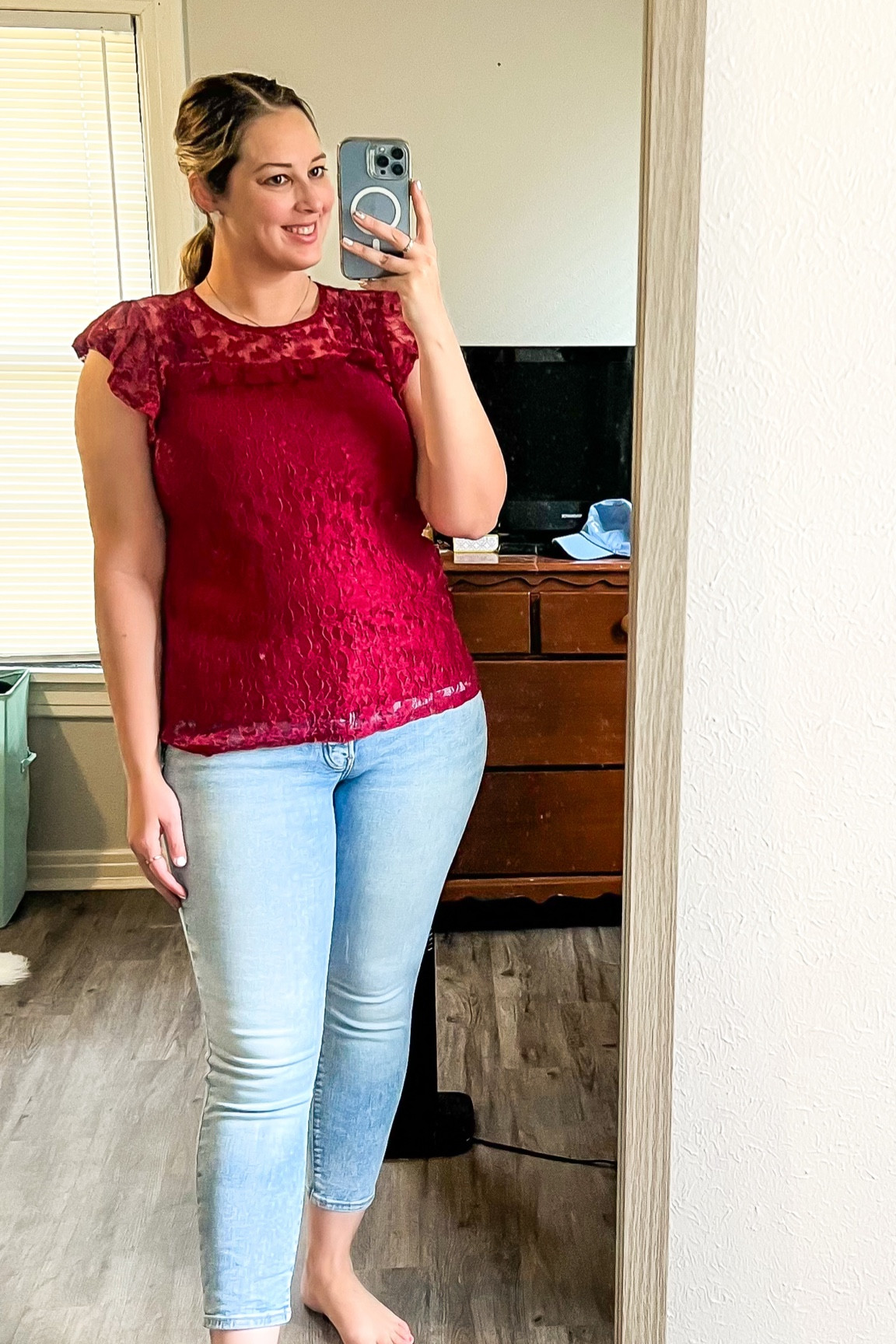 6.18.24 ootd - amazon wine red lace ruffle sleeve top (size large) and old navy OG straight jeans (size 10)

Midsize, size 10 outfit, size 12 style, old navy finds, amazon finds, affordable outfit, every day outfit, effortless style, feminine style, summer outfit 

#LTKMidsize #LTKFindsUnder50 #LTKWorkwear
