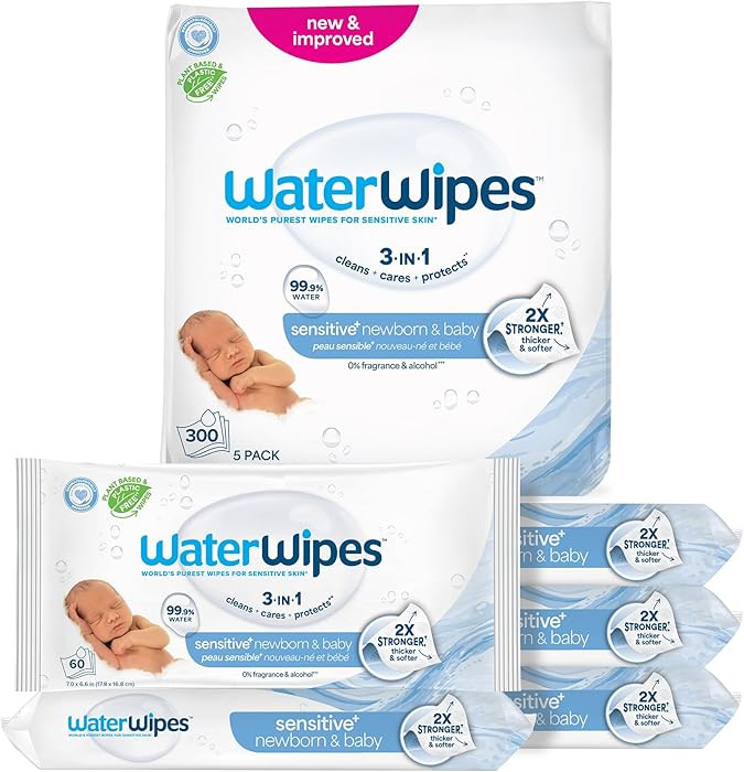 WaterWipes Sensitive+ Newborn & Baby Wipes, 3-In-1 Cleans, Cares, Protects, 99.9% Water, Unscente... | Amazon (US)