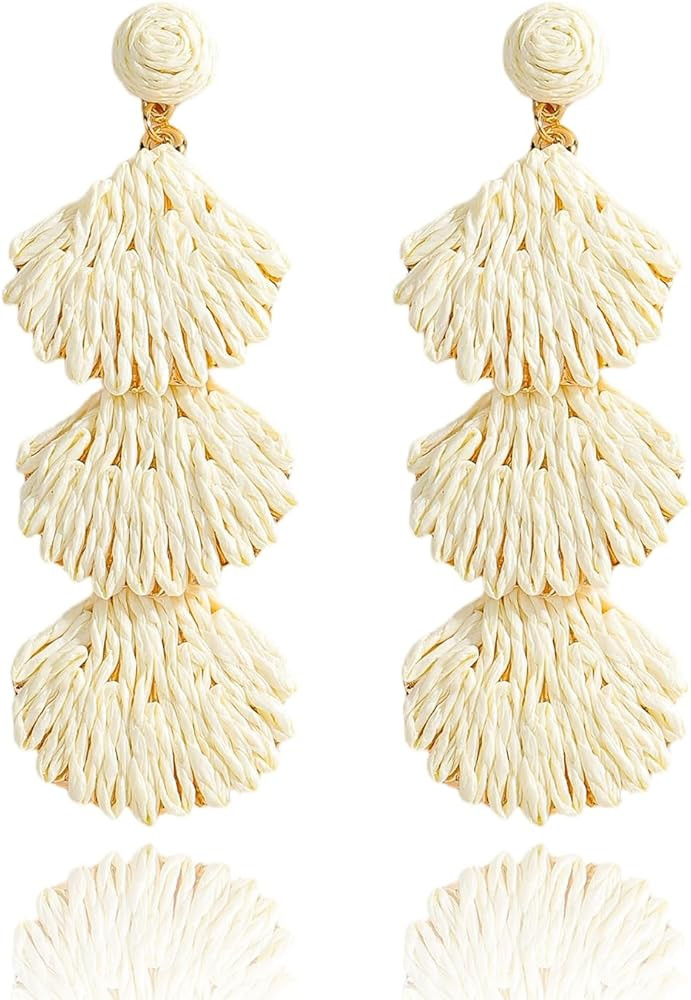 Raffia Earrings for Women, Handwoven Boho Rattan Shell Floral Ball Hoop Dangle Drop Earrings Ligh... | Amazon (US)