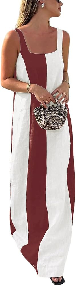 CHARTOU Women Summer Sleeveless Linen Dress Contrast Color Maxi Long Beach Vacation Tank Dress | Amazon (US)