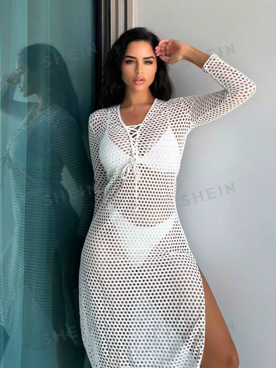 Hollow Out Lace Up Front Cover Up Dress | SHEIN