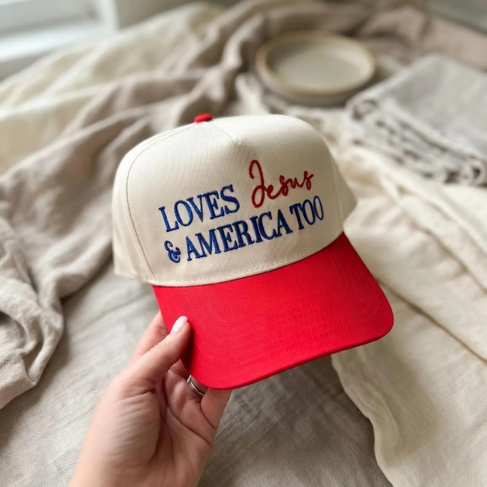 Patriotic Loves Jesus and America Too Five Trucker Hat | Etsy (Global)