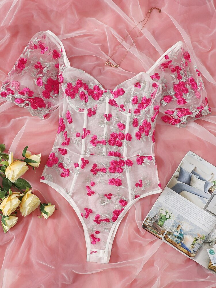 Floral Embroidered Mesh Underwire Teddy Bodysuit | SHEIN