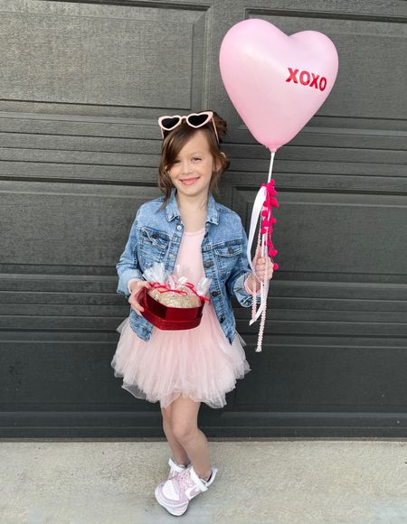 Pink tutu dress, pink tulle dress for girls, denim jacket for girls, jean jacket for kids, pink sunglasses, heart sunglasses, Galentine’s outfit, valentines outfit for girls 