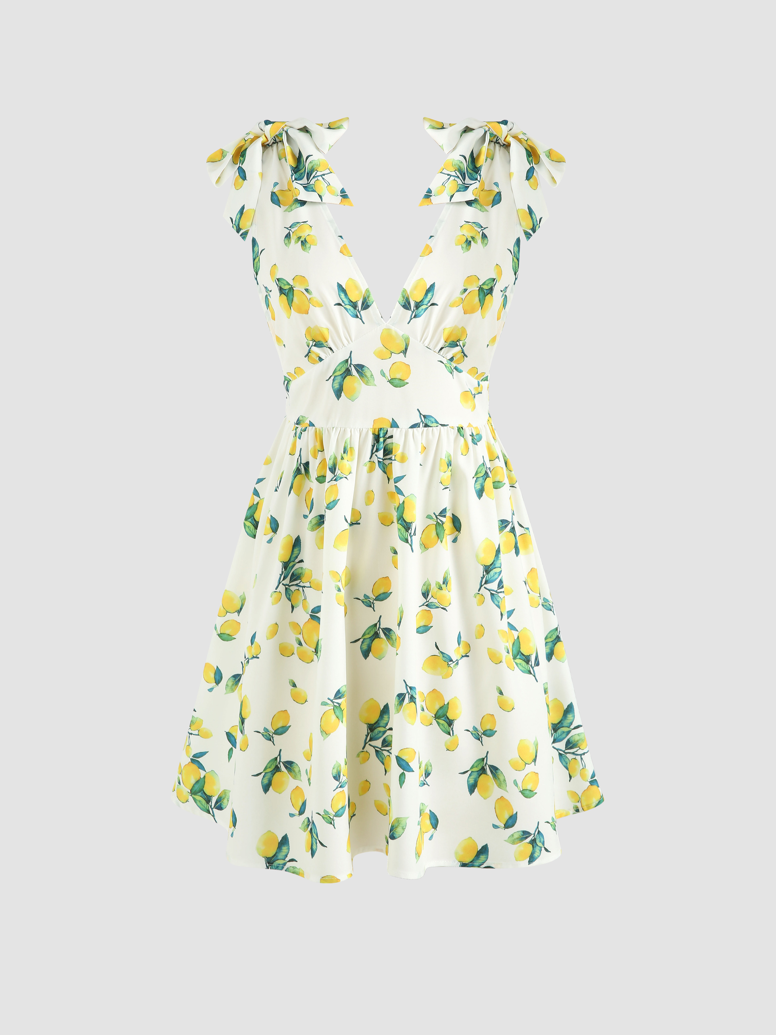 Hoco Dress Homecoming Lemon Print Tie Shoulder Mini Dress For Vacation Picnic | Cider