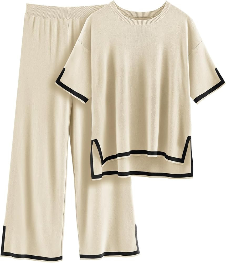 HEEKPEK 2 Piece Sets for Women Summer Outfits Travel Lounge Short Sleeve Sweater Matching Knit Pu... | Amazon (US)
