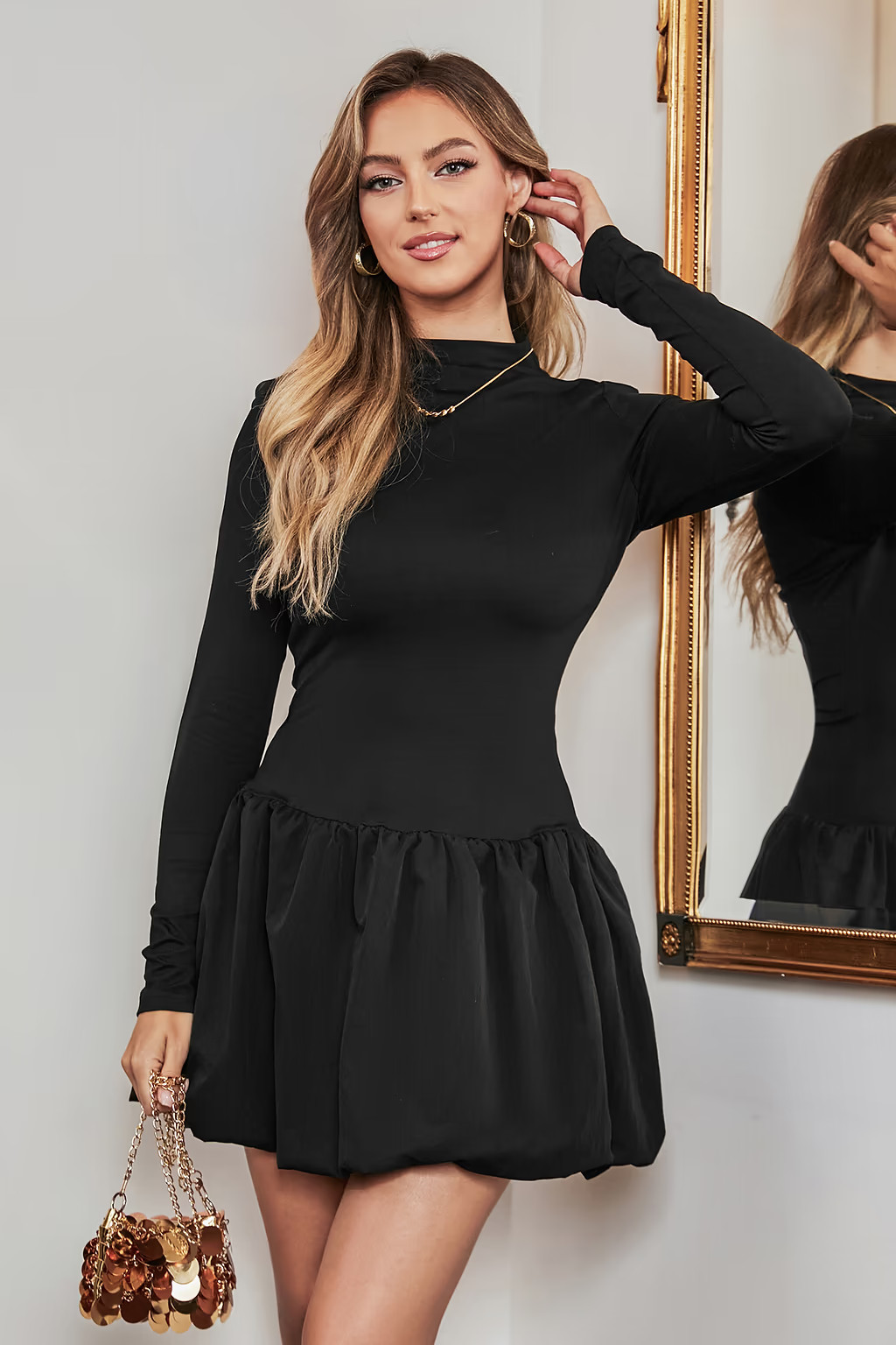 NewBlack Mockneck Long Sleeve Bubble Skirt Mini Dress | Cupshe US