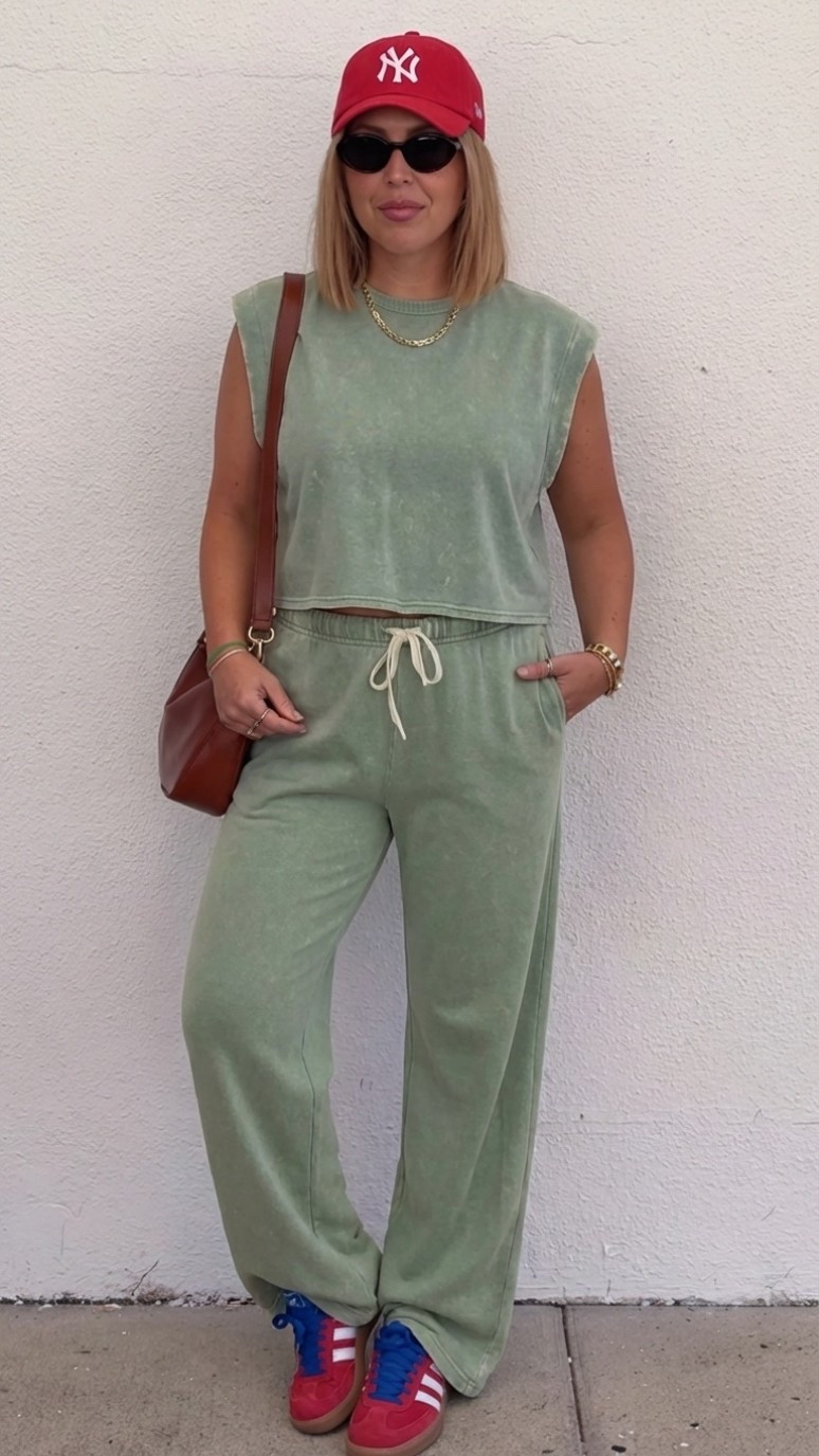 this aerie matching set is giving effortless cool girl energy and i'm here for it 🫶 the OFFLINE by Aerie Keep It 100 Terry Muscle Tee paired with the Aerie Go-To Slouchy Sweatpants in the prettiest washed green — literally the softest set i own. threw on my red NY yankees cap and adidas sambas because that red + green combo just hits different. perfect for weekend errands, coffee runs, or literally doing nothing in style.
aerie matching set | casual spring outfit | washed green sweatpant set | comfy errand outfit | adidas samba outfit | sporty casual look | what to wear on weekends | aerie outfit inspo | loungewear street style | spring 2026 OOTD

#LTKActive #LTKootd #LTKmomlife