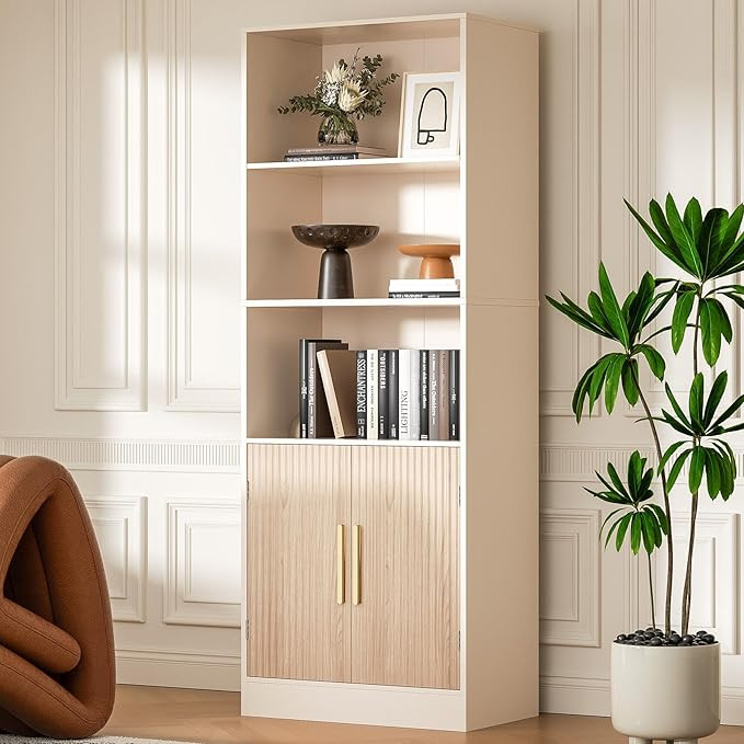 Modern Bookshelf with Doors, 63" Tall Bookshelf with Storage, 3 Shelf Bookcase with Adjustable Sh... | Amazon (US)