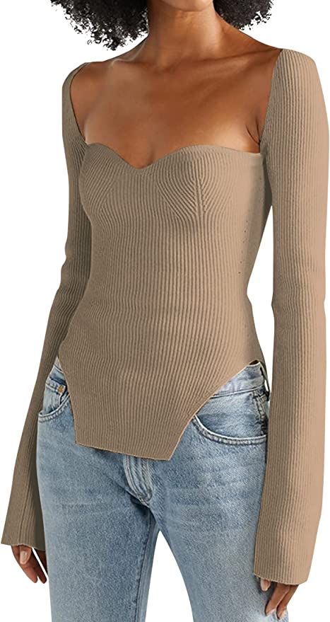 SAFRISIOR Women Sexy Sweetheart Neck Asymmetrical Hem Sweater Long Sleeve Slim Fit Knitted Pullov... | Amazon (US)