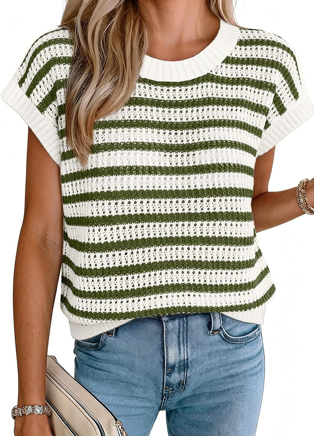 EVALESS Women's Striped Cap Sleeve Sweater Vest Round Neck Tank Top | Amazon (US)