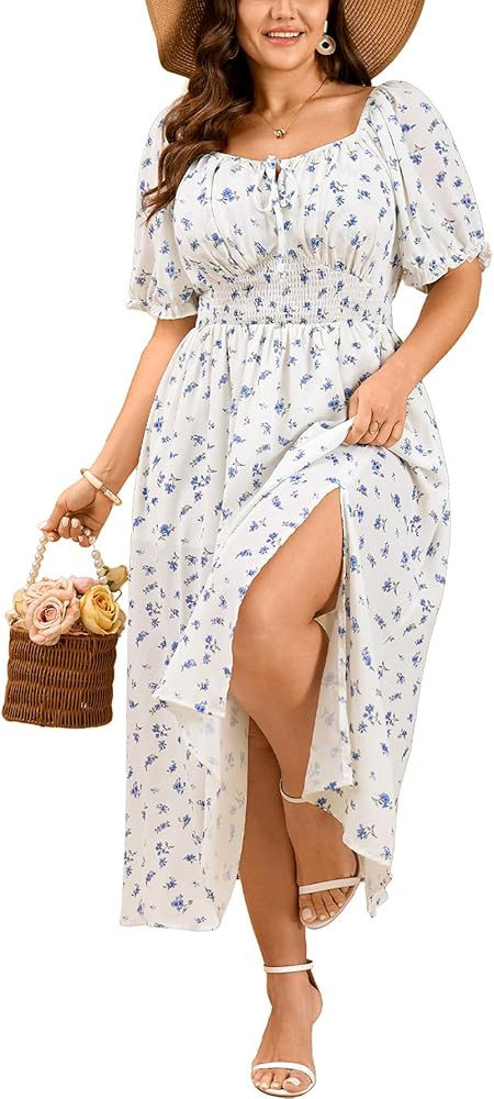 Women's Plus Size Summer Milkmaid Dress Short Sleeve Square Neck Tie Front Split A-Line Boho Casu... | Amazon (US)