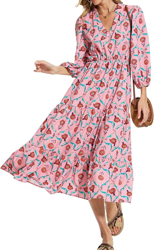 Moss Rose Womens Spring Summer Maxi Dresses V Neck 3/4 Sleeve Floral Flowy Swing Boho Long Dress | Amazon (US)