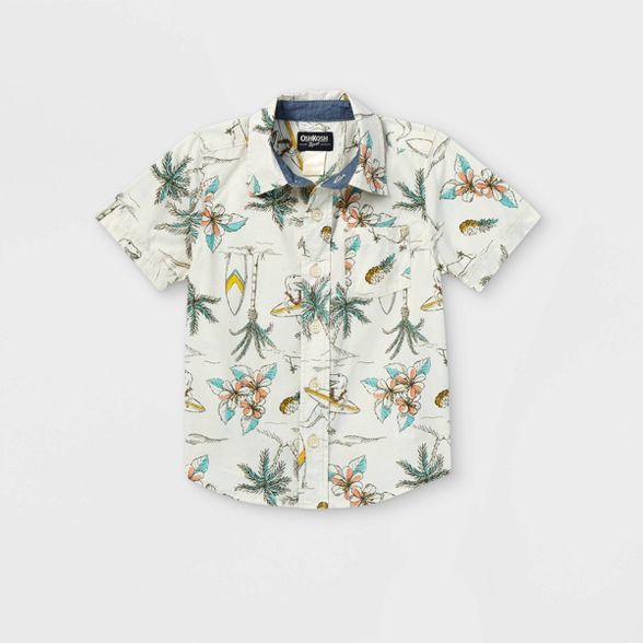 OshKosh B'gosh Toddler Boys' Dino Print Woven Short Sleeve Button-Down Shirt - Cream | Target