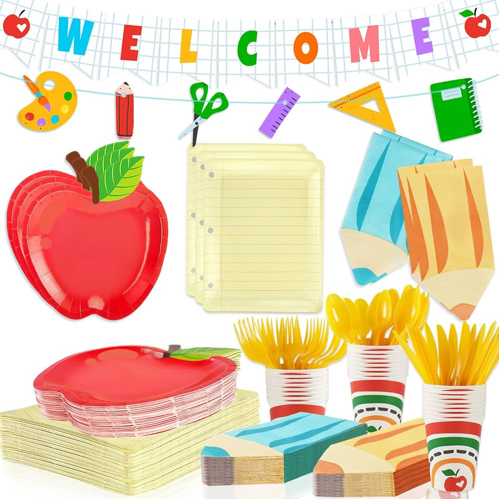OuMuaMua 177Pcs Back to School Party Plates Napkins Cups with Welcome Banners Supplies First Day ... | Amazon (US)