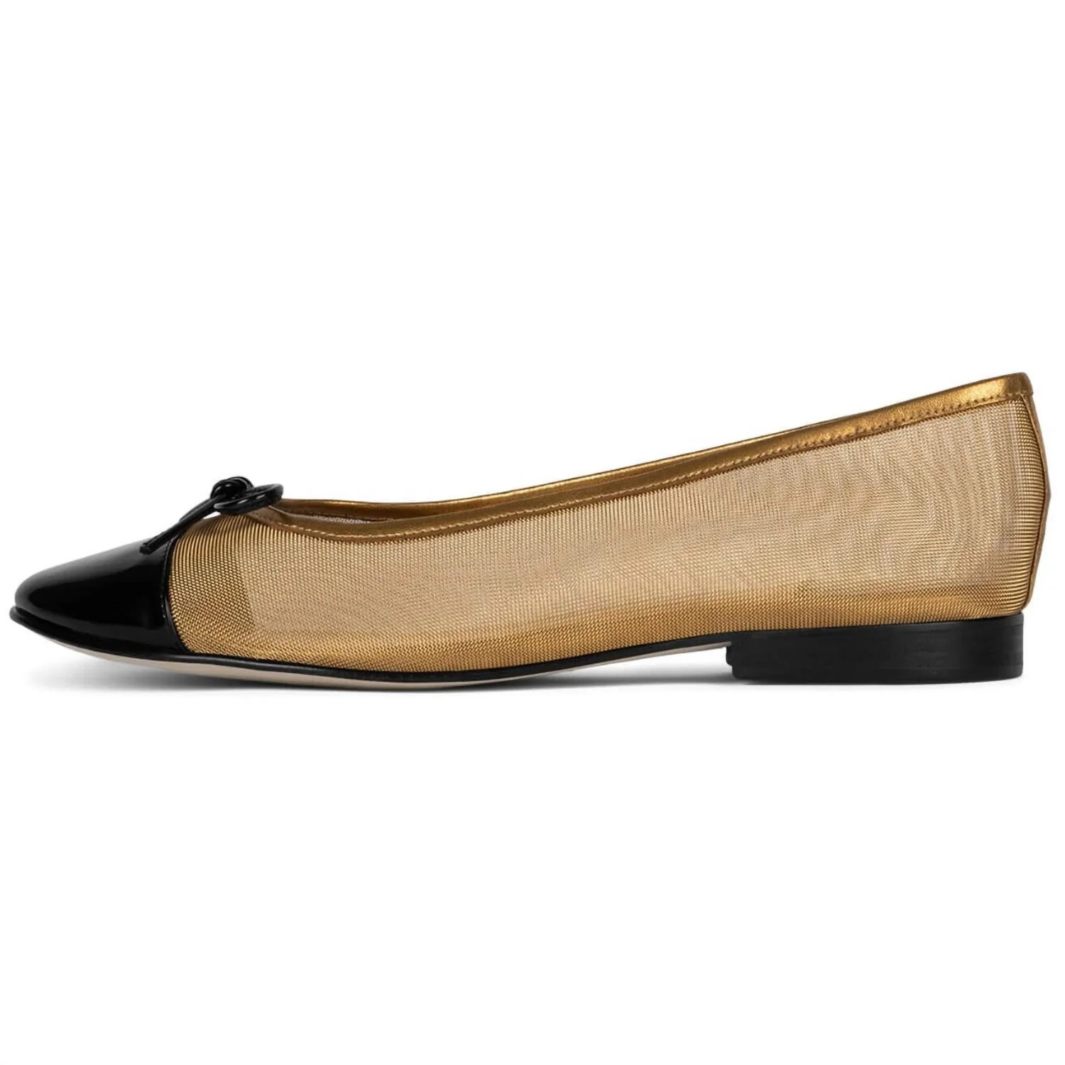 Women's Releve Mesh Ballet Flats In Gold Mesh Black Patent | Shop Simon