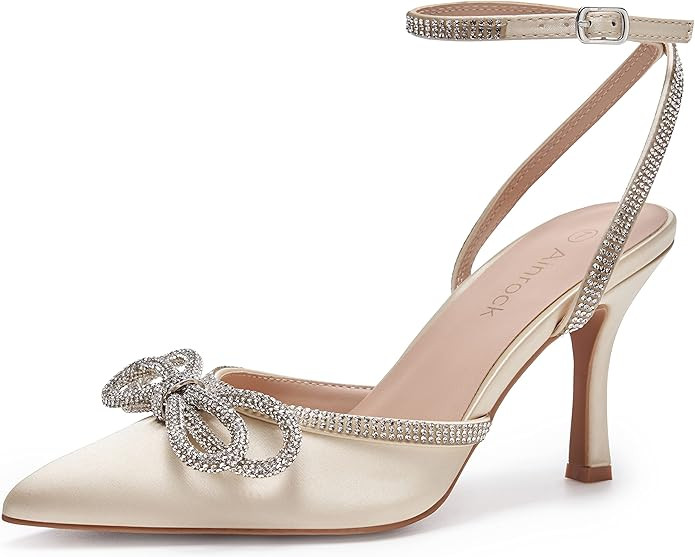 Women's Rhinestone Bow Heels Sparkly Wedding Closed Pointed Toe High Sexy Satin Stiletto Ankle St... | Amazon (US)