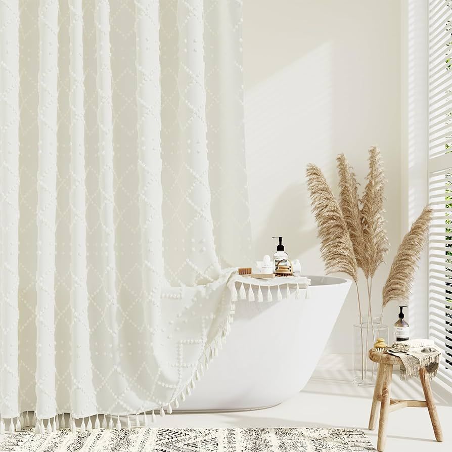 Dynamene Cream Fabric Shower Curtain, Boho Tufted Geometric Striped Tassel Shower Curtain for Bat... | Amazon (US)