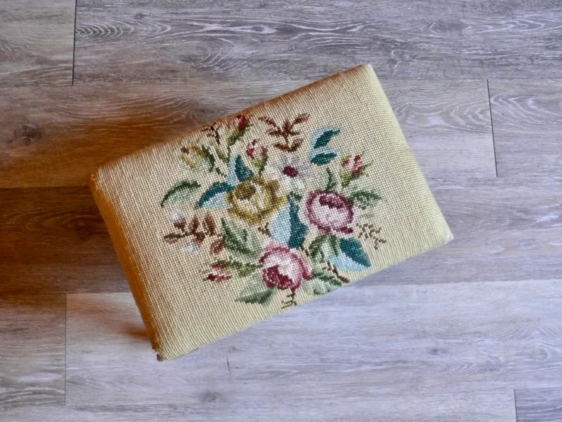 Vintage Yellow Needlepoint Foot Stool with Solid Wood Legs, Hand Stitched Pink Floral Design Foot... | Etsy (US)