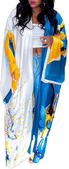 Famnbro Women's Floral Print Satin Robe Kimono Cardigan Open Front Long Cover Ups Outerwear One S... | Amazon (US)